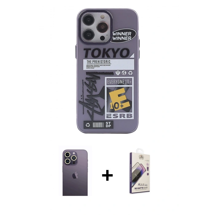 MARSİLYAN™- iPhone 13 Pro Max Kılıf Zirve Form Özel Seri - Siyah Bilvis 3D Mat Cam Ekran Koruyucu + Neon Fosforlu Kamera Lens - BZ