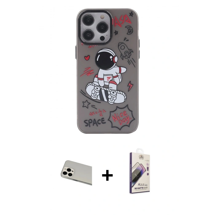 MARSİLYAN™- iPhone 13 Pro Max Kılıf Zirve Form Özel Seri - Siyah Bilvis 3D Mat Cam Ekran Koruyucu + Rainbow Kamera Lens Koruma Cam - BZ