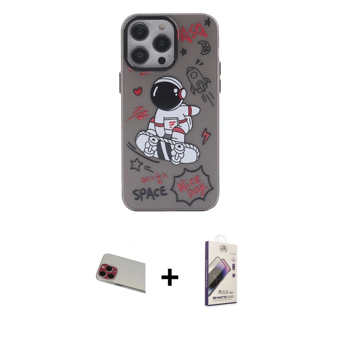 MARSİLYAN™- iPhone 13 Pro Max Kılıf Zirve Form Özel Seri - Siyah Bilvis 3D Mat Cam Ekran Koruyucu + Rainbow Kamera Lens Koruma Cam - KI