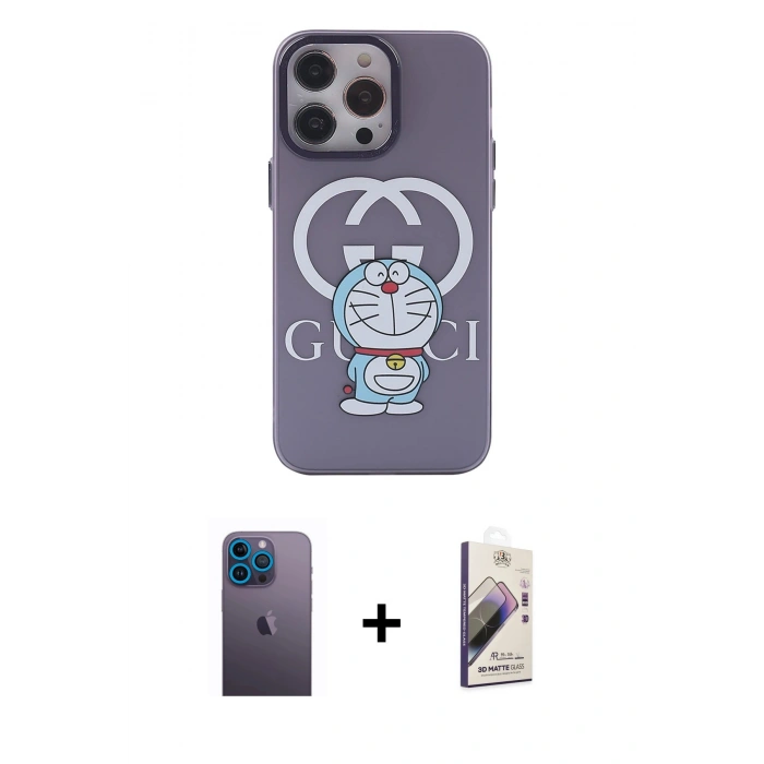 MARSİLYAN™- iPhone 13 Pro Max Kılıf Zirve Form Özel Seri - Siyah Bilvis 3D Mat Cam Ekran Koruyucu + Mavi Neon Fosforlu Kamera Lens