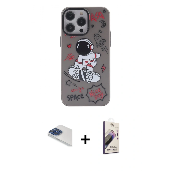 MARSİLYAN™- iPhone 13 Pro Max Kılıf Zirve Form Özel Seri - Siyah Bilvis 3D Mat Cam Ekran Koruyucu + Pers Alüminyum Kamera Lens - LT