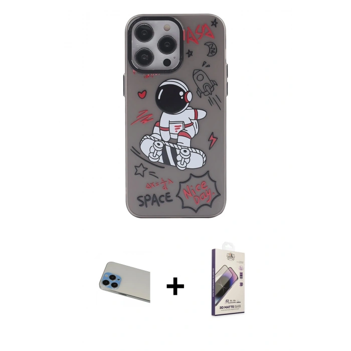 MARSİLYAN™- iPhone 13 Pro Max Kılıf Zirve Form Özel Seri - Siyah Bilvis 3D Mat Cam Ekran Koruyucu + Rainbow Kamera Lens Koruma Cam - MI