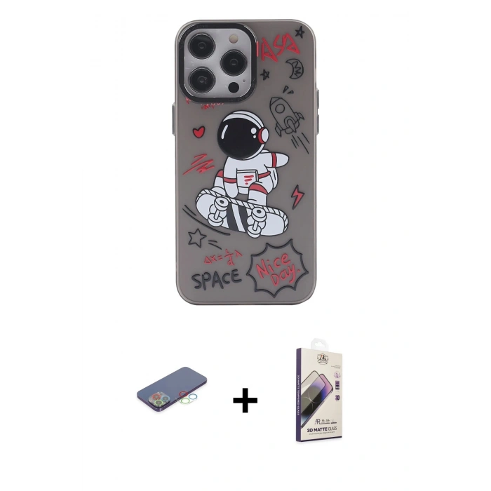 MARSİLYAN™- iPhone 13 Pro Max Kılıf Zirve Form Özel Seri - Siyah Bilvis 3D Mat Cam Ekran Koruyucu + Renkli Kamera Lens Koruma Cam - MI