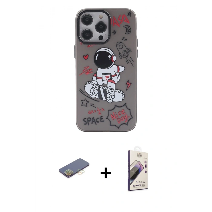 MARSİLYAN™- iPhone 13 Pro Max Kılıf Zirve Form Özel Seri - Siyah Bilvis 3D Mat Cam Ekran Koruyucu + Renkli Kamera Lens Koruma Cam - SI