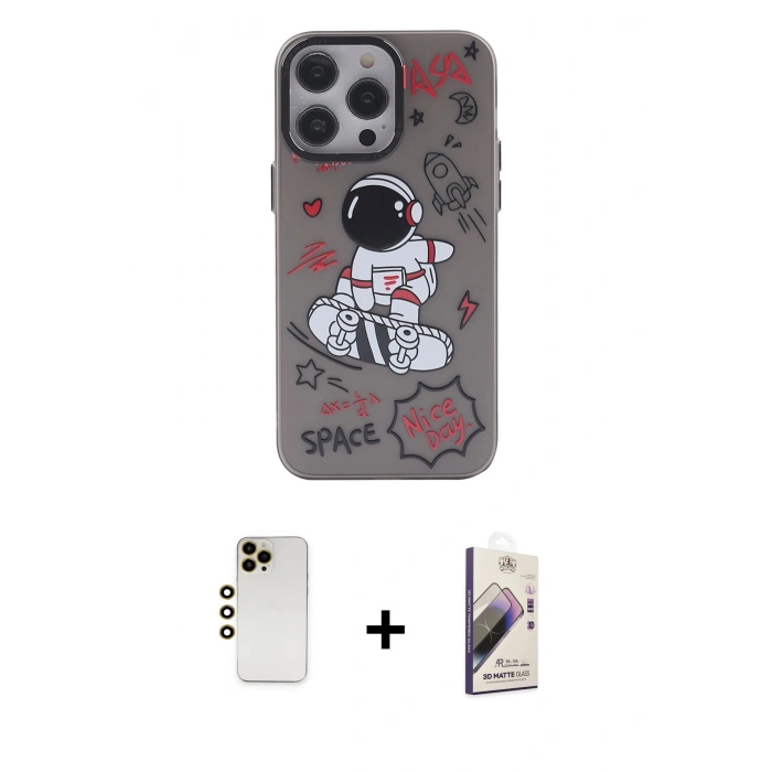 MARSİLYAN™- iPhone 13 Pro Max Kılıf Zirve Form Özel Seri - Siyah Bilvis 3D Mat Cam Ekran Koruyucu + Shine Kamera Lens - GD