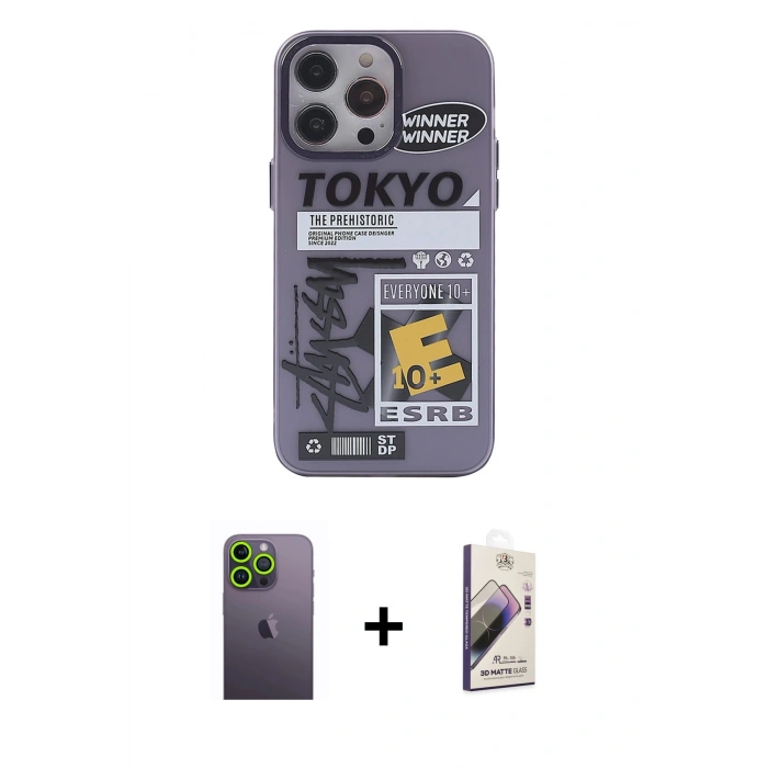 MARSİLYAN™- iPhone 13 Pro Max Kılıf Zirve Form Özel Seri - Siyah Bilvis 3D Mat Cam Ekran Koruyucu + Neon Fosforlu Kamera Lens - YL