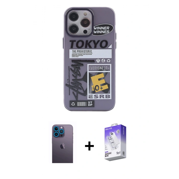MARSİLYAN™- iPhone 13 Pro Max Kılıf Zirve Form Özel Seri - Siyah Bilvis 5in1 3D Magic Cam Ekran Koruyucu + Neon Fosforlu Kamera Lens - MI