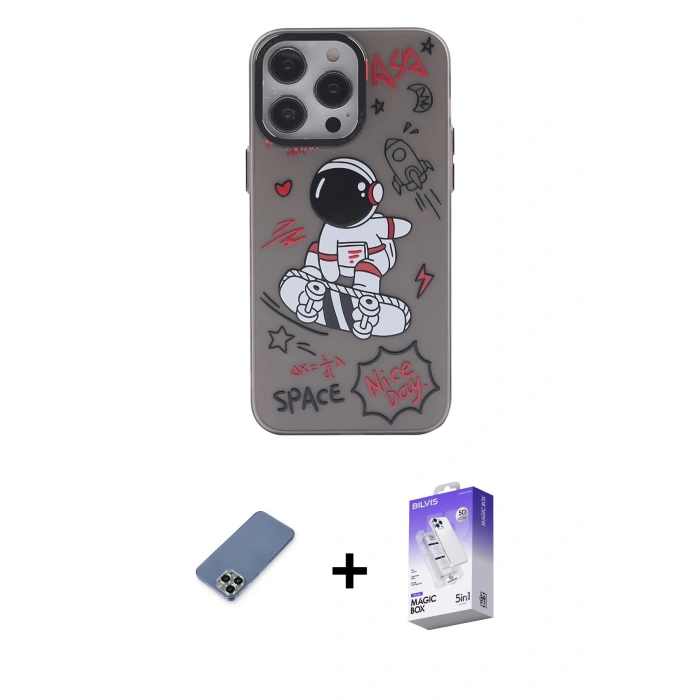 MARSİLYAN™- iPhone 13 Pro Max Kılıf Zirve Form Özel Seri - Siyah Bilvis 5in1 3D Magic Cam Ekran Koruyucu + Metal Kamera Lens Koruma Cam - AKYL
