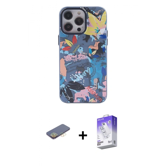 MARSİLYAN™- iPhone 13 Pro Max Kılıf Zirve Form Özel Seri - Siyah Bilvis 5in1 3D Magic Cam Ekran Koruyucu + Renkli Kamera Lens Koruma Cam - SI