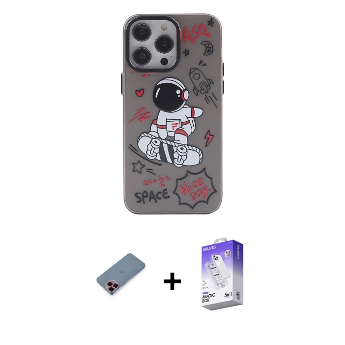 MARSİLYAN™- iPhone 13 Pro Max Kılıf Zirve Form Özel Seri - Siyah Bilvis 5in1 3D Magic Cam Ekran Koruyucu + Metal Kamera Lens Koruma Cam - KI