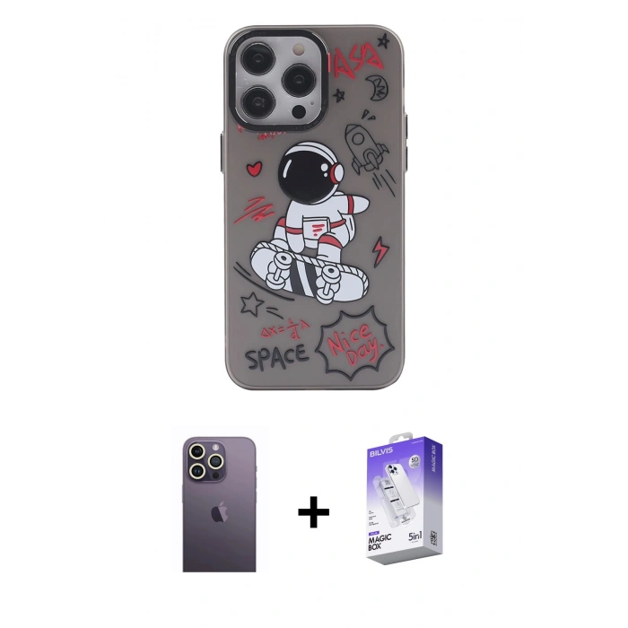 MARSİLYAN™- iPhone 13 Pro Max Kılıf Zirve Form Özel Seri - Siyah Bilvis 5in1 3D Magic Cam Ekran Koruyucu + Neon Fosforlu Kamera Lens - BZ