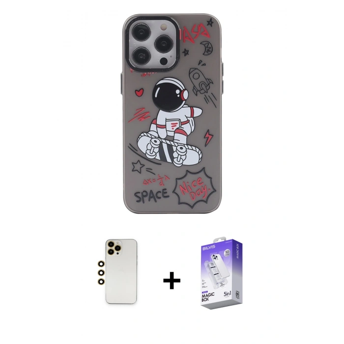 MARSİLYAN™- iPhone 13 Pro Max Kılıf Zirve Form Özel Seri - Siyah Bilvis 5in1 3D Magic Cam Ekran Koruyucu + Gold Shine Kamera Lens