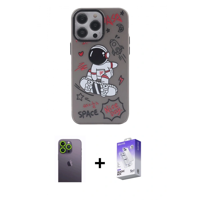 MARSİLYAN™- iPhone 13 Pro Max Kılıf Zirve Form Özel Seri - Siyah Bilvis 5in1 3D Magic Cam Ekran Koruyucu + Neon Fosforlu Kamera Lens - YL