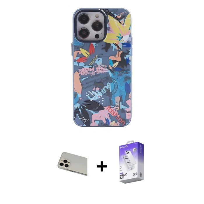 MARSİLYAN™- iPhone 13 Pro Max Kılıf Zirve Form Özel Seri - Siyah Bilvis 5in1 3D Magic Cam Ekran Koruyucu + Rainbow Kamera Lens Koruma Cam - REGD