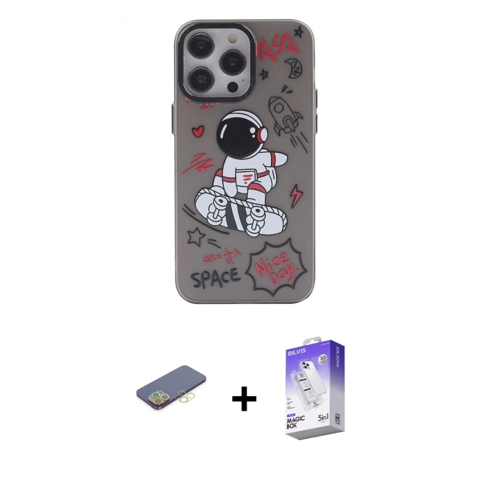 MARSİLYAN™- iPhone 13 Pro Max Kılıf Zirve Form Özel Seri - Siyah Bilvis 5in1 3D Magic Cam Ekran Koruyucu + Renkli Kamera Lens Koruma Cam - SI