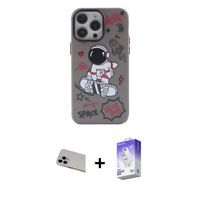MARSİLYAN™- iPhone 13 Pro Max Kılıf Zirve Form Özel Seri - Siyah Bilvis 5in1 3D Magic Cam Ekran Koruyucu + Rainbow Kamera Lens Koruma Cam - MR