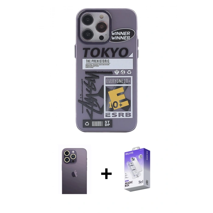 MARSİLYAN™- iPhone 13 Pro Max Kılıf Zirve Form Özel Seri - Siyah Bilvis 5in1 3D Magic Cam Ekran Koruyucu + Neon Fosforlu Kamera Lens - BZ
