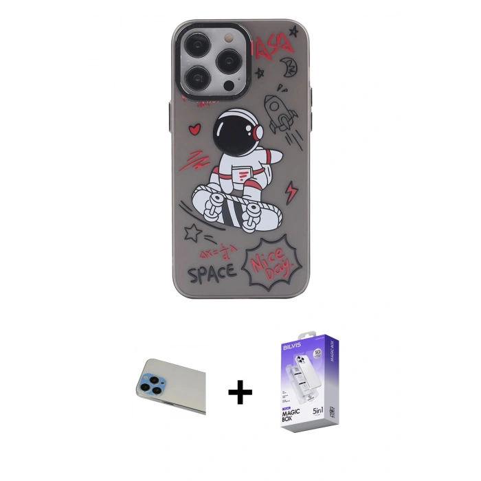 MARSİLYAN™- iPhone 13 Pro Max Kılıf Zirve Form Özel Seri - Siyah Bilvis 5in1 3D Magic Cam Ekran Koruyucu + Rainbow Kamera Lens Koruma Cam - MI