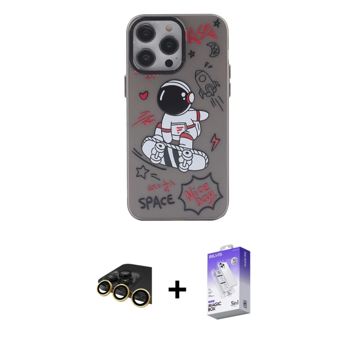 MARSİLYAN™- iPhone 13 Pro Max Kılıf Zirve Form Özel Seri - Siyah Bilvis 5in1 3D Magic Cam Ekran Koruyucu + Raze Metal Kamera Lens - GD