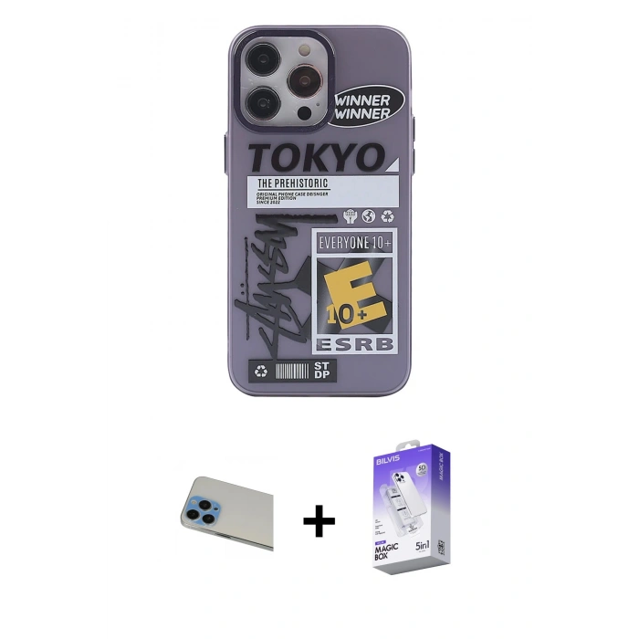 MARSİLYAN™- iPhone 13 Pro Max Kılıf Zirve Form Özel Seri - Siyah Bilvis 5in1 3D Magic Cam Ekran Koruyucu + Rainbow Kamera Lens Koruma Cam - MI