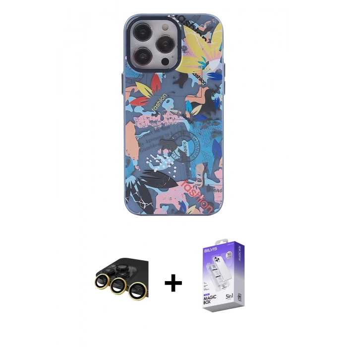 MARSİLYAN™- iPhone 13 Pro Max Kılıf Zirve Form Özel Seri - Siyah Bilvis 5in1 3D Magic Cam Ekran Koruyucu + Raze Metal Kamera Lens - GD