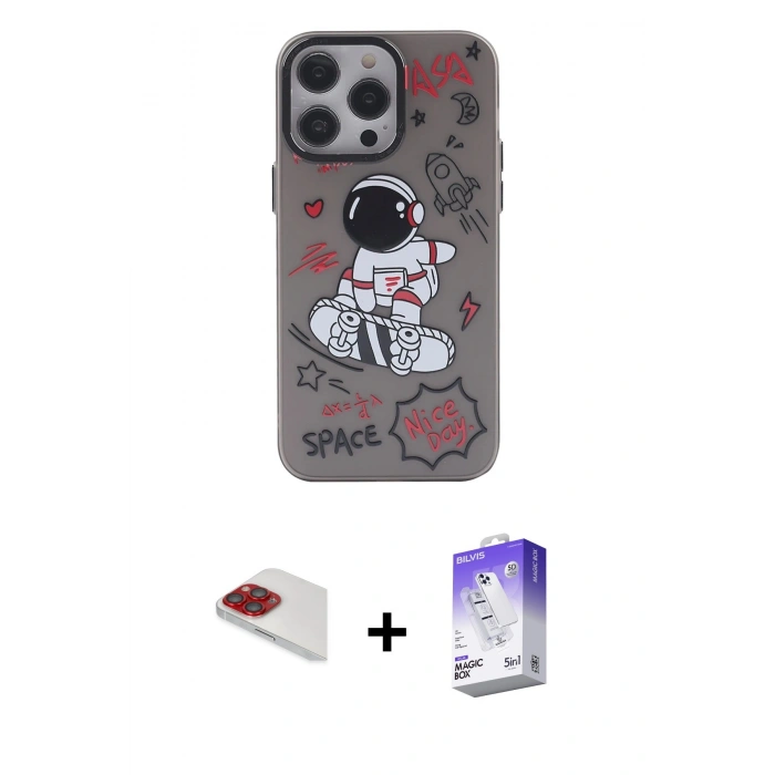 MARSİLYAN™- iPhone 13 Pro Max Kılıf Zirve Form Özel Seri - Siyah Bilvis 5in1 3D Magic Cam Ekran Koruyucu + Pers Alüminyum Kamera Lens - KI