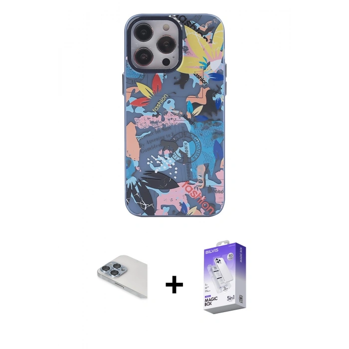 MARSİLYAN™- iPhone 13 Pro Max Kılıf Zirve Form Özel Seri - Siyah Bilvis 5in1 3D Magic Cam Ekran Koruyucu + Pers Alüminyum Kamera Lens - SABE