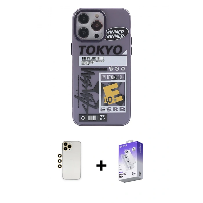 MARSİLYAN™- iPhone 13 Pro Max Kılıf Zirve Form Özel Seri - Siyah Bilvis 5in1 3D Magic Cam Ekran Koruyucu + Gold Shine Kamera Lens