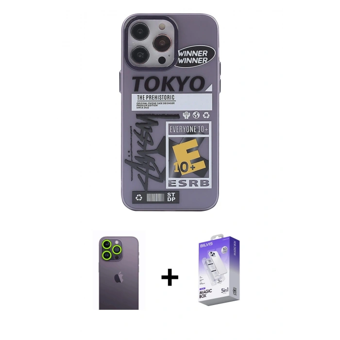 MARSİLYAN™- iPhone 13 Pro Max Kılıf Zirve Form Özel Seri - Siyah Bilvis 5in1 3D Magic Cam Ekran Koruyucu + Neon Fosforlu Kamera Lens - YL