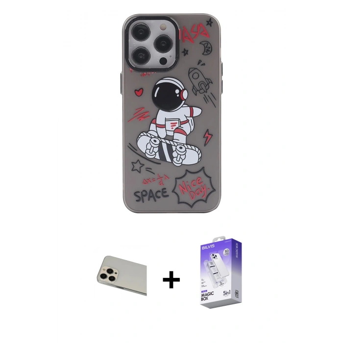 MARSİLYAN™- iPhone 13 Pro Max Kılıf Zirve Form Özel Seri - Siyah Bilvis 5in1 3D Magic Cam Ekran Koruyucu + Rainbow Kamera Lens Koruma Cam - REGD