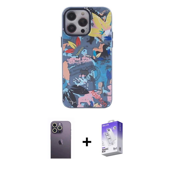 MARSİLYAN™- iPhone 13 Pro Max Kılıf Zirve Form Özel Seri - Siyah Bilvis 5in1 3D Magic Cam Ekran Koruyucu + Neon Fosforlu Kamera Lens - BZ