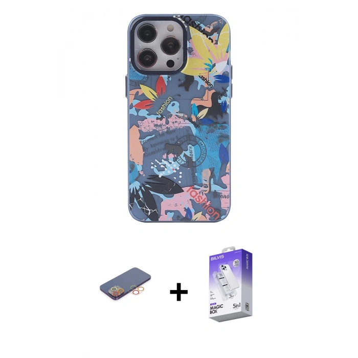 MARSİLYAN™- iPhone 13 Pro Max Kılıf Zirve Form Özel Seri - Siyah Bilvis 5in1 3D Magic Cam Ekran Koruyucu + Renkli Kamera Lens Koruma Cam - TU