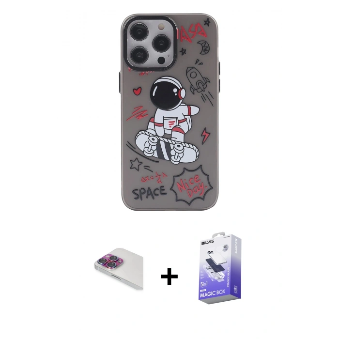 MARSİLYAN™- iPhone 13 Pro Max Kılıf Zirve Form Özel Seri - Siyah Bilvis 5in1 5D Magic Hayalet Cam Ekran Koruyucu + Pers Alüminyum Kamera Lens - GI