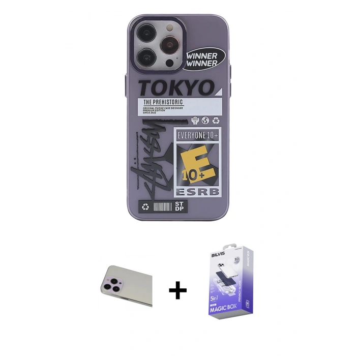 MARSİLYAN™- iPhone 13 Pro Max Kılıf Zirve Form Özel Seri - Siyah Bilvis 5in1 5D Magic Hayalet Cam Ekran Koruyucu + Rainbow Kamera Lens Koruma Cam - MR