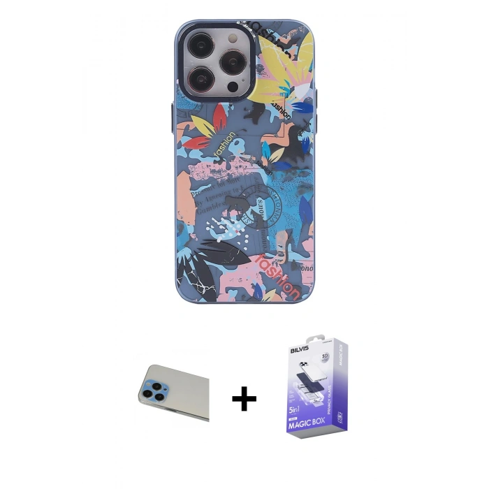 MARSİLYAN™- iPhone 13 Pro Max Kılıf Zirve Form Özel Seri - Siyah Bilvis 5in1 5D Magic Hayalet Cam Ekran Koruyucu + Rainbow Kamera Lens Koruma Cam - MI