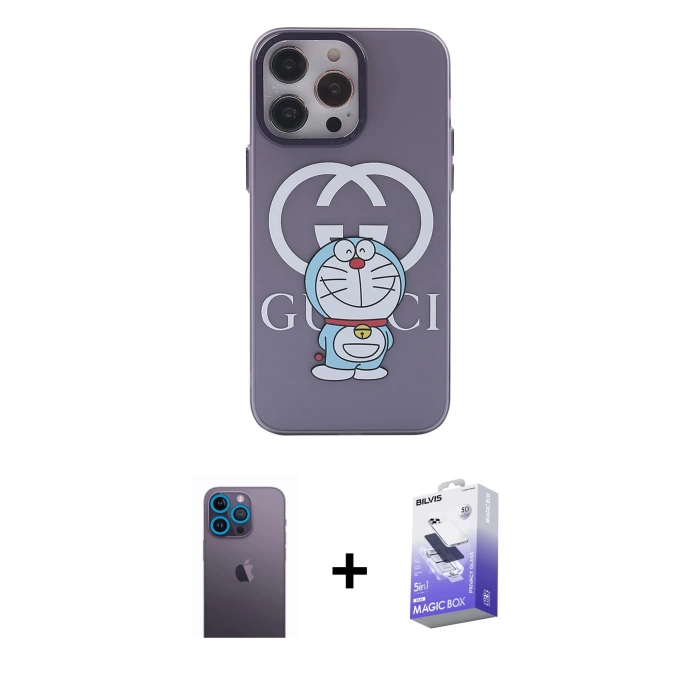 MARSİLYAN™- iPhone 13 Pro Max Kılıf Zirve Form Özel Seri - Siyah Bilvis 5in1 5D Magic Hayalet Cam Ekran Koruyucu + Mavi Neon Fosforlu Kamera Lens