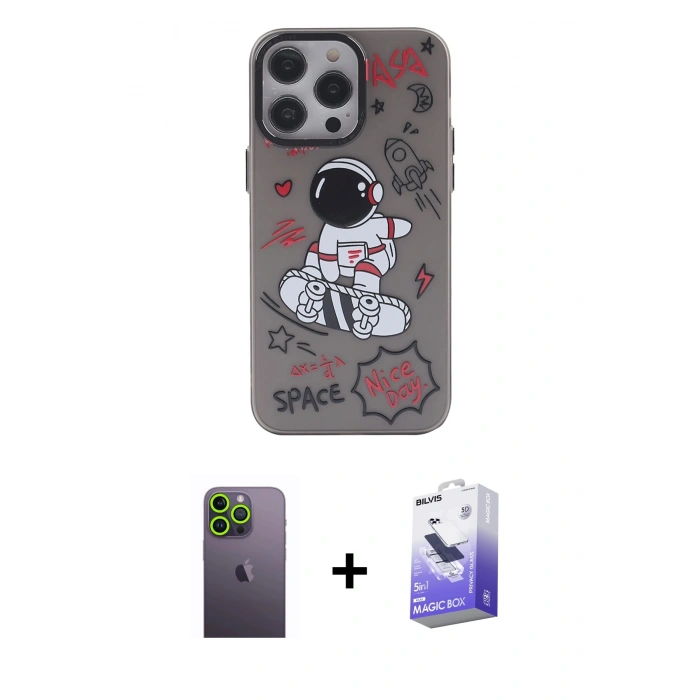 MARSİLYAN™- iPhone 13 Pro Max Kılıf Zirve Form Özel Seri - Siyah Bilvis 5in1 5D Magic Hayalet Cam Ekran Koruyucu + Neon Fosforlu Kamera Lens - YL