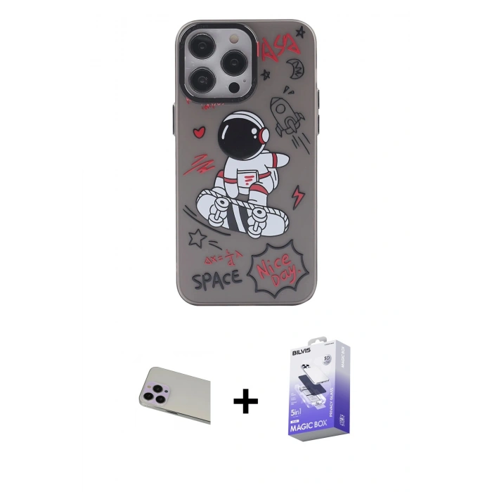 MARSİLYAN™- iPhone 13 Pro Max Kılıf Zirve Form Özel Seri - Siyah Bilvis 5in1 5D Magic Hayalet Cam Ekran Koruyucu + Rainbow Kamera Lens Koruma Cam - MR