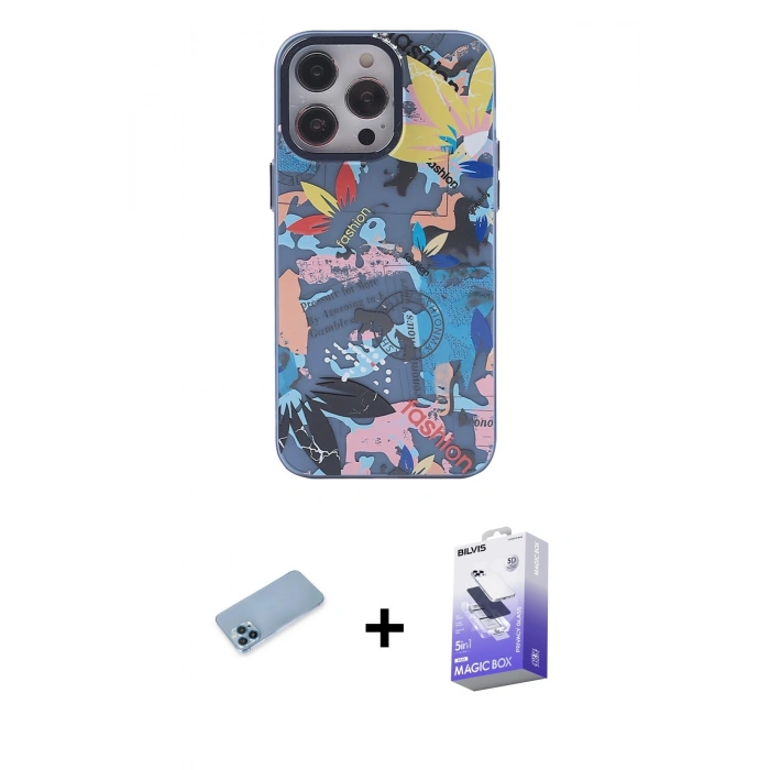 MARSİLYAN™- iPhone 13 Pro Max Kılıf Zirve Form Özel Seri - Siyah Bilvis 5in1 5D Magic Hayalet Cam Ekran Koruyucu + Mavi Shine Kamera Lens Koruma Cam