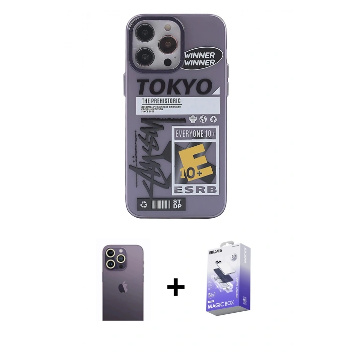 MARSİLYAN™- iPhone 13 Pro Max Kılıf Zirve Form Özel Seri - Siyah Bilvis 5in1 5D Magic Hayalet Cam Ekran Koruyucu + Neon Fosforlu Kamera Lens - BZ