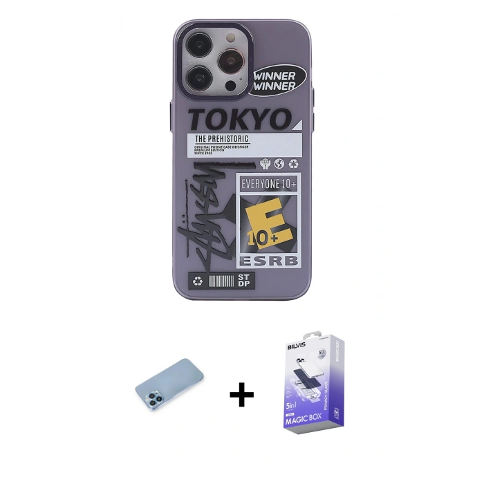 MARSİLYAN™- iPhone 13 Pro Max Kılıf Zirve Form Özel Seri - Siyah Bilvis 5in1 5D Magic Hayalet Cam Ekran Koruyucu + Mavi Shine Kamera Lens Koruma Cam