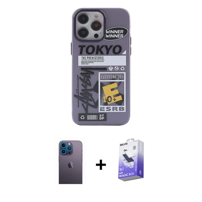 MARSİLYAN™- iPhone 13 Pro Max Kılıf Zirve Form Özel Seri - Siyah Bilvis 5in1 5D Magic Hayalet Cam Ekran Koruyucu + Mavi Neon Fosforlu Kamera Lens