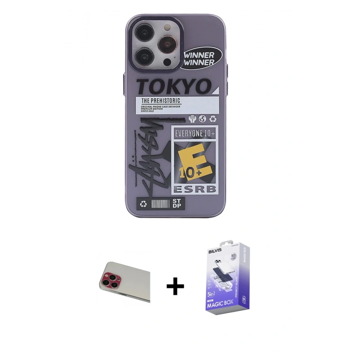 MARSİLYAN™- iPhone 13 Pro Max Kılıf Zirve Form Özel Seri - Siyah Bilvis 5in1 5D Magic Hayalet Cam Ekran Koruyucu + Rainbow Kamera Lens Koruma Cam - KI