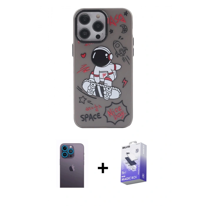 MARSİLYAN™- iPhone 13 Pro Max Kılıf Zirve Form Özel Seri - Siyah Bilvis 5in1 5D Magic Hayalet Cam Ekran Koruyucu + Mavi Neon Fosforlu Kamera Lens