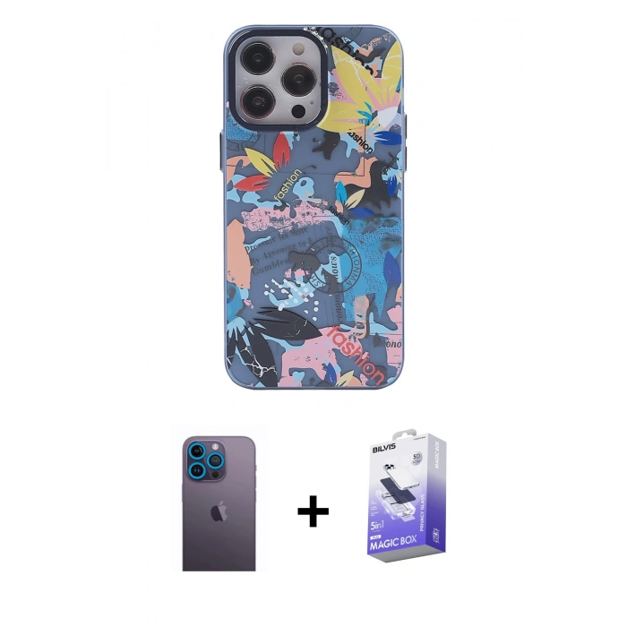 MARSİLYAN™- iPhone 13 Pro Max Kılıf Zirve Form Özel Seri - Siyah Bilvis 5in1 5D Magic Hayalet Cam Ekran Koruyucu + Mavi Neon Fosforlu Kamera Lens