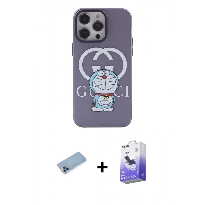 MARSİLYAN™- iPhone 13 Pro Max Kılıf Zirve Form Özel Seri - Siyah Bilvis 5in1 5D Magic Hayalet Cam Ekran Koruyucu + Mavi Shine Kamera Lens Koruma Cam