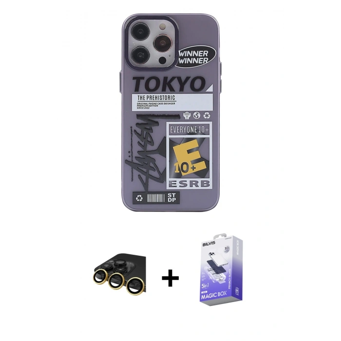 MARSİLYAN™- iPhone 13 Pro Max Kılıf Zirve Form Özel Seri - Siyah Bilvis 5in1 5D Magic Hayalet Cam Ekran Koruyucu + Raze Metal Kamera Lens - GD