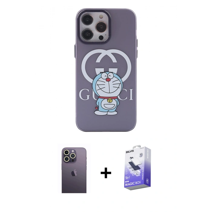 MARSİLYAN™- iPhone 13 Pro Max Kılıf Zirve Form Özel Seri - Siyah Bilvis 5in1 5D Magic Hayalet Cam Ekran Koruyucu + Neon Fosforlu Kamera Lens - BZ