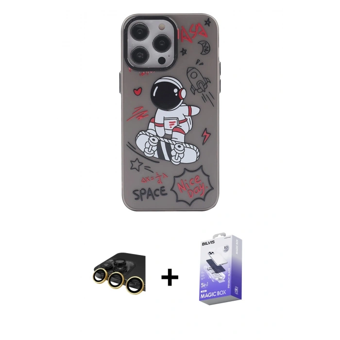 MARSİLYAN™- iPhone 13 Pro Max Kılıf Zirve Form Özel Seri - Siyah Bilvis 5in1 5D Magic Hayalet Cam Ekran Koruyucu + Raze Metal Kamera Lens - GD