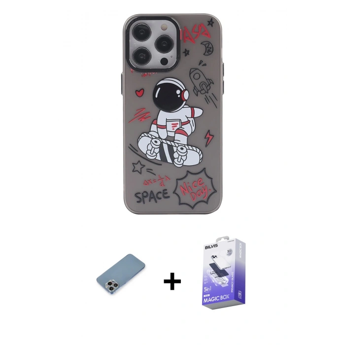 MARSİLYAN™- iPhone 13 Pro Max Kılıf Zirve Form Özel Seri - Siyah Bilvis 5in1 5D Magic Hayalet Cam Ekran Koruyucu + Shine Kamera Lens Koruma Cam - GI